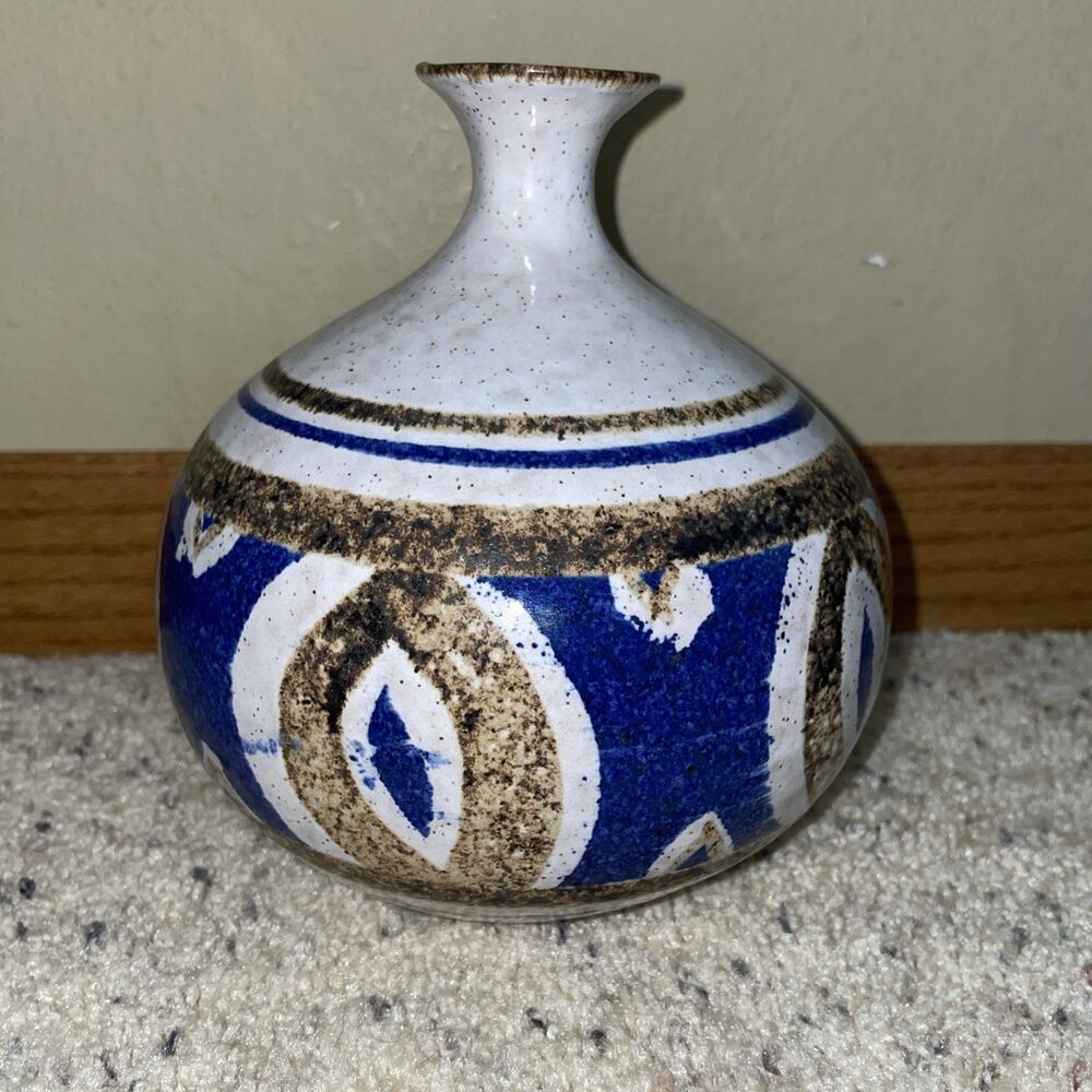 Vintage artisan mid century modern ceramic vase Blue Brown Grey Stamped USA